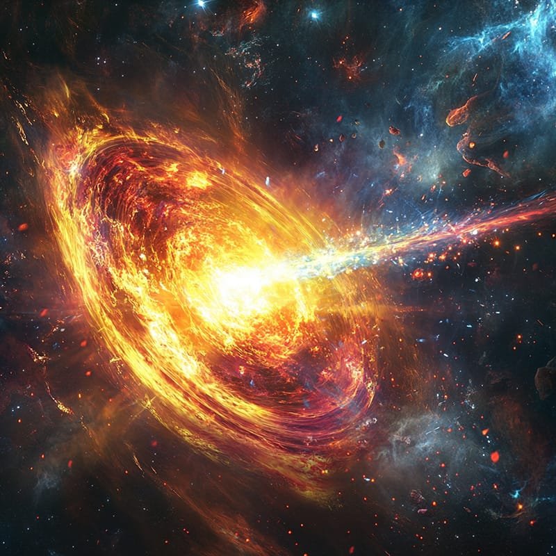 A vibrant depiction of a swirling galaxy, with bright orange and yellow lights, spiraling clouds of gas and dust, against a dark cosmic background.