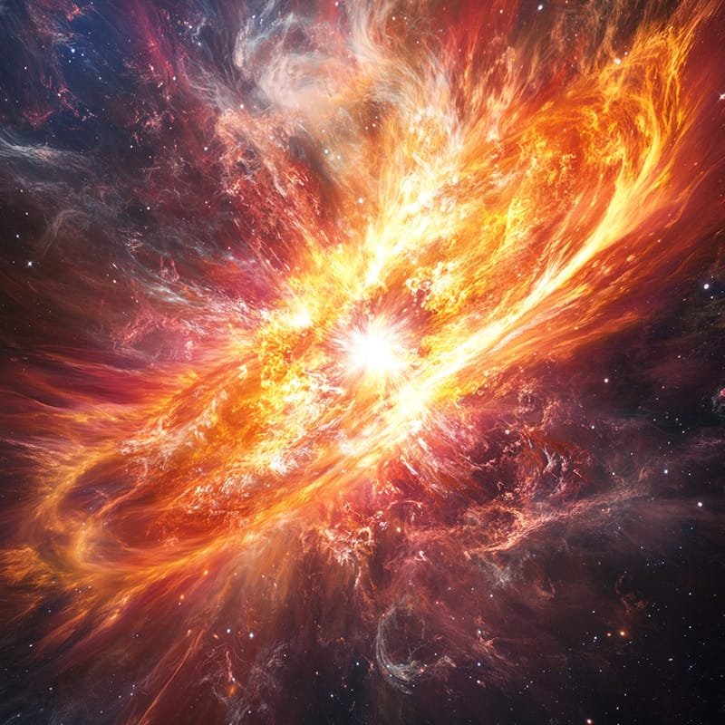 A vibrant depiction of a fiery cosmic nebula with swirling orange, red, and yellow gases against a dark starry background.