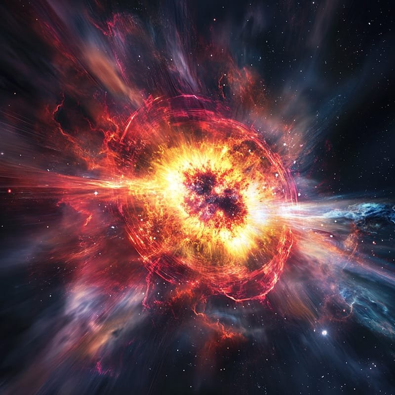 A colorful cosmic explosion with bright red, orange, and yellow hues radiating outward against a dark space background.