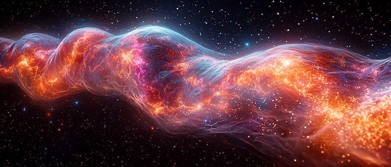 A vibrant, swirling nebula with bright, fiery colors against a starry backdrop in space.