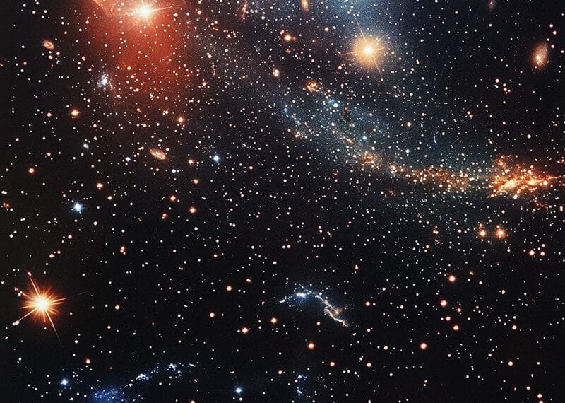A colorful galaxy cluster with numerous stars and galaxies scattered against a dark space background. Bright red, blue, and orange hues are visible among various celestial bodies.