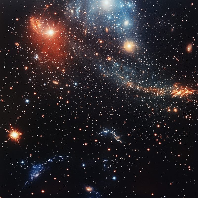 A colorful galaxy cluster with numerous stars and galaxies scattered against a dark space background. Bright red, blue, and orange hues are visible among various celestial bodies.