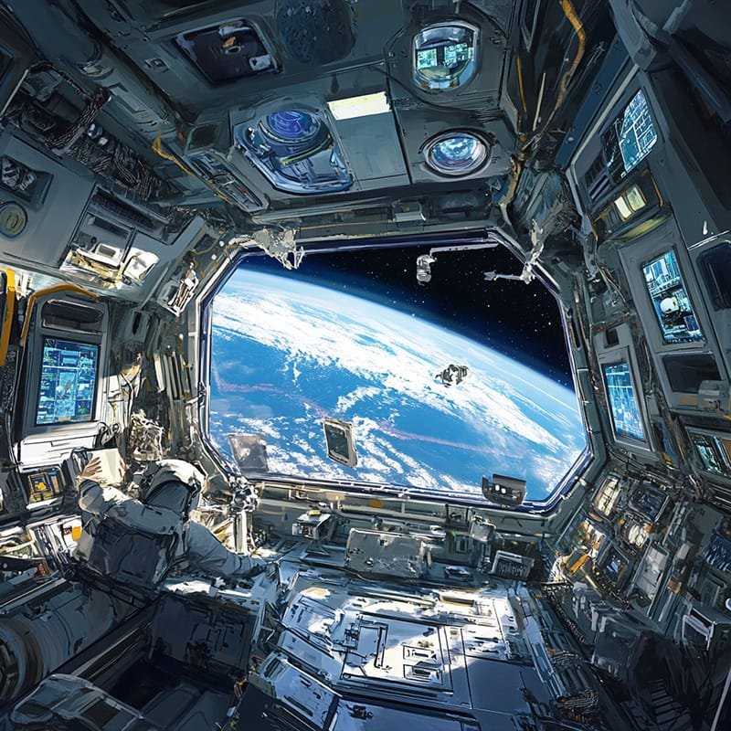 Astronaut in spacecraft observing Earth from a window with control panels and equipment around.