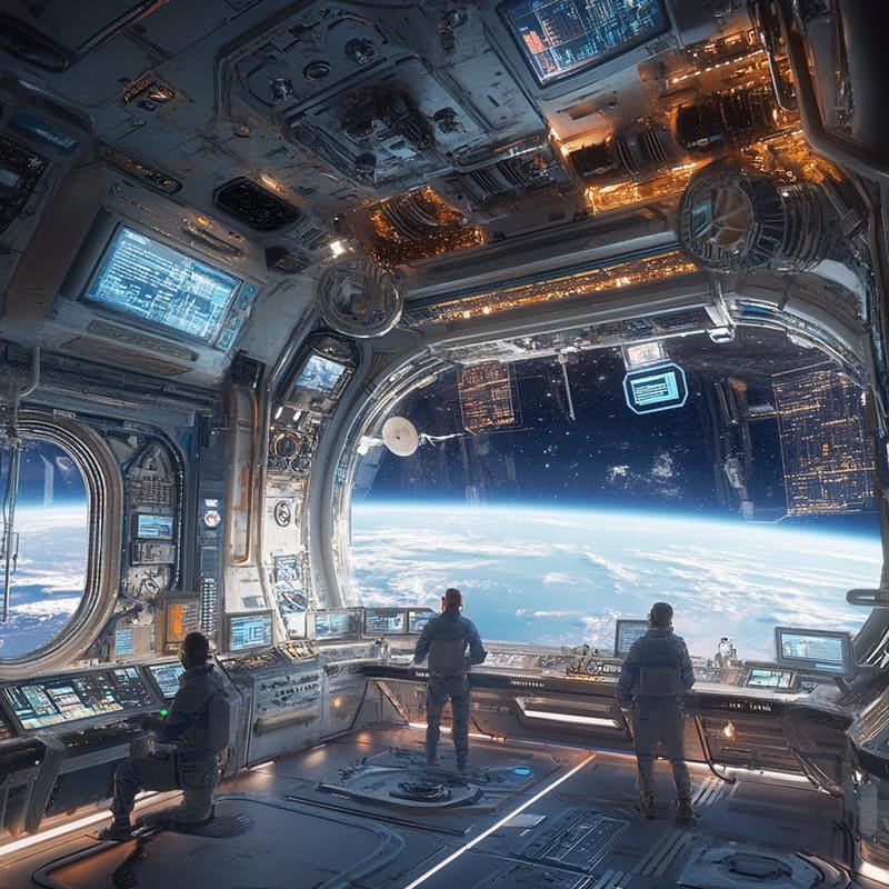 Three astronauts in a space station observe Earth through large windows surrounded by control panels and screens.