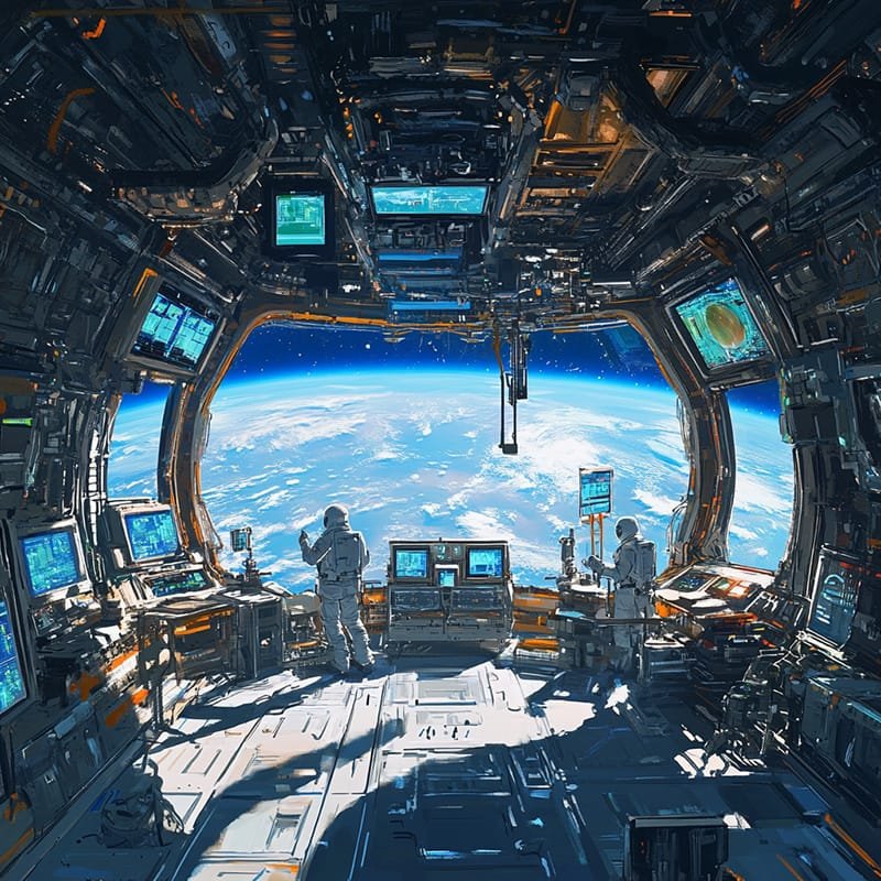 Two astronauts inside a futuristic space station observe Earth through large windows. Monitors and equipment surround them in the high-tech interior.