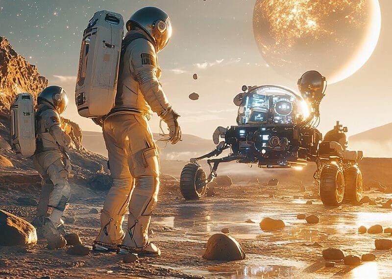Astronauts explore a rocky terrain with a rover under a large, glowing planet in the sky.