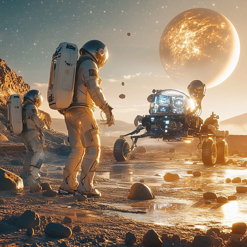 Astronauts explore a rocky terrain with a rover under a large, glowing planet in the sky.