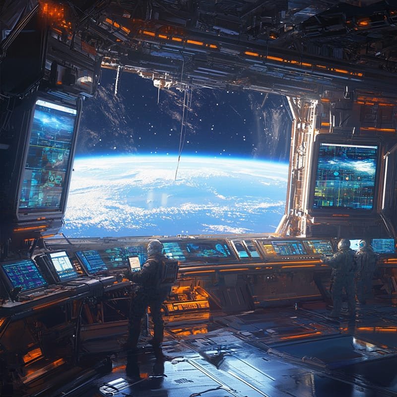 Futuristic space station with astronauts monitoring Earth through large windows and digital screens.