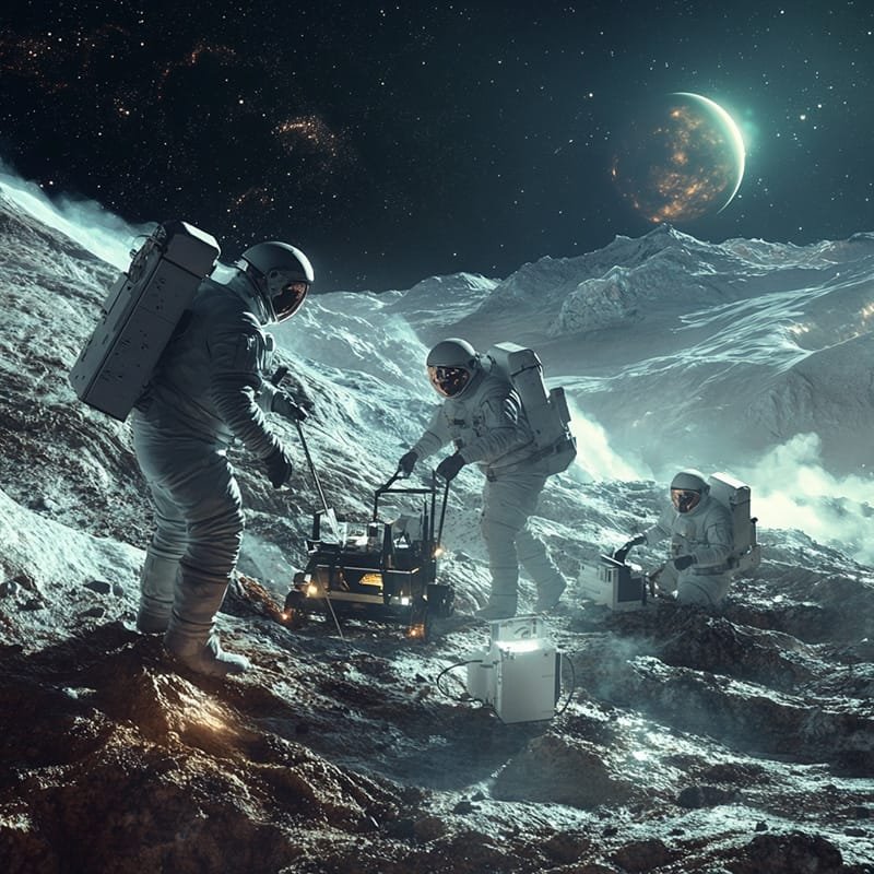 Astronauts in spacesuits conducting research on a rocky extraterrestrial surface with a planet and stars in the background.