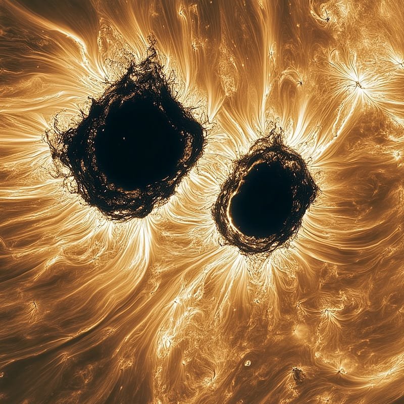 Close-up image of two large sunspots on the sun's surface, surrounded by swirling bright plasma in a golden hue.