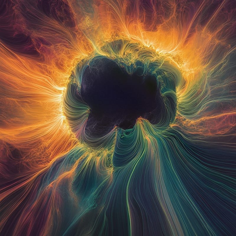 Abstract image featuring a swirling vortex of vibrant colors, including sun-like hues of orange and yellow alongside green and blue, all emanating from a dark central void.