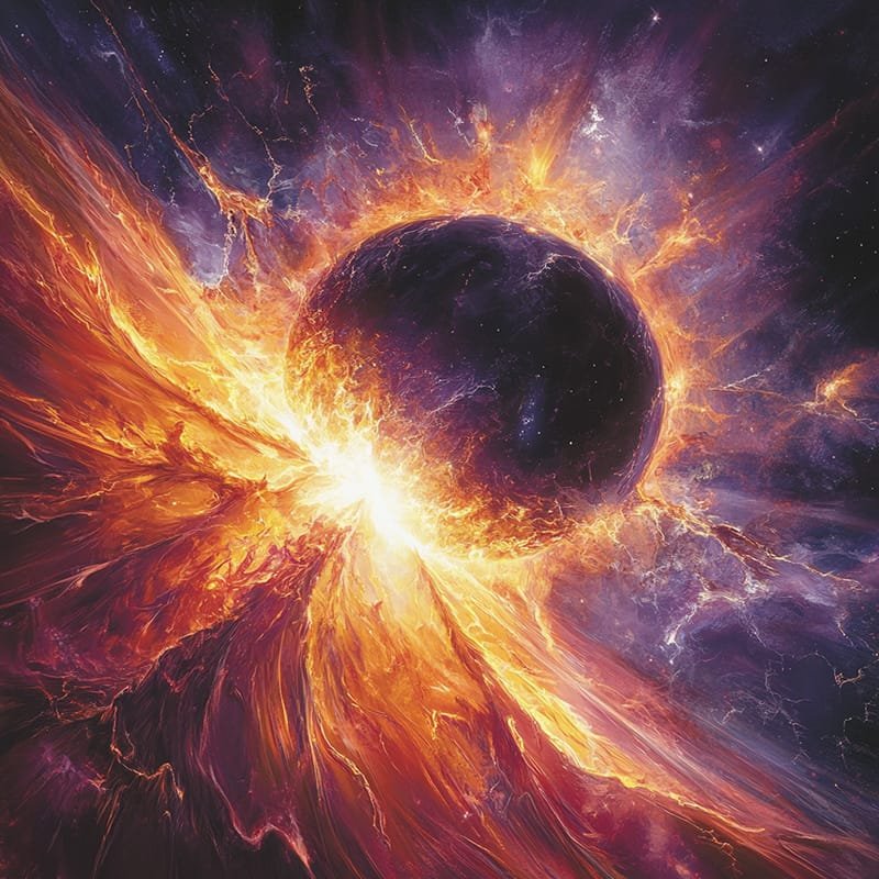 A vivid depiction of a fiery explosion in space, with bright orange and yellow flames reminiscent of the sun's intense energy, surrounding a dark central sphere against a backdrop of stars.