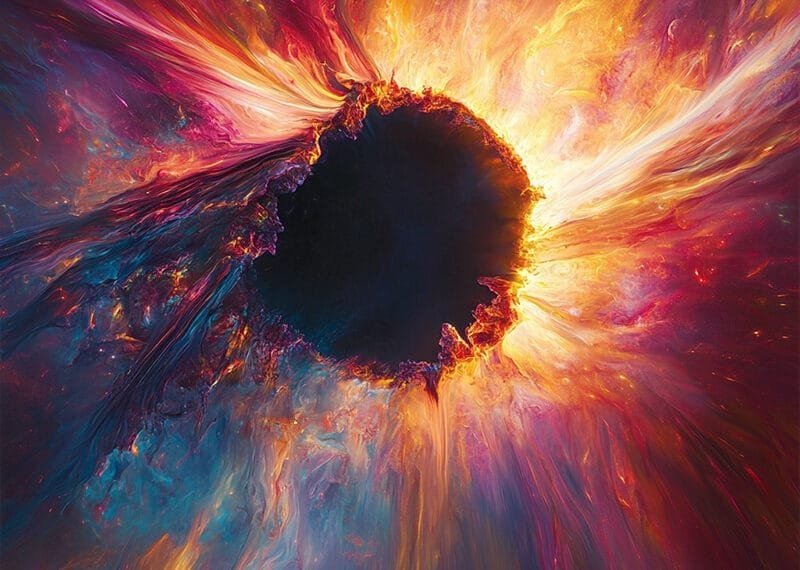 A vibrant abstract painting depicts a black circular center reminiscent of a sun, surrounded by dynamic bursts of orange, red, blue, and yellow colors.
