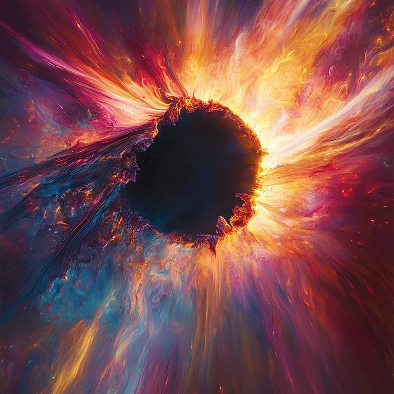 A vibrant abstract painting depicts a black circular center reminiscent of a sun, surrounded by dynamic bursts of orange, red, blue, and yellow colors.