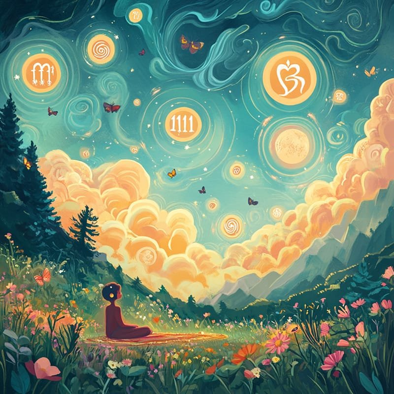 A person meditates in a colorful meadow with mountains, surrounded by signs from the universe—symbols, butterflies, swirling clouds, and a starry sky.