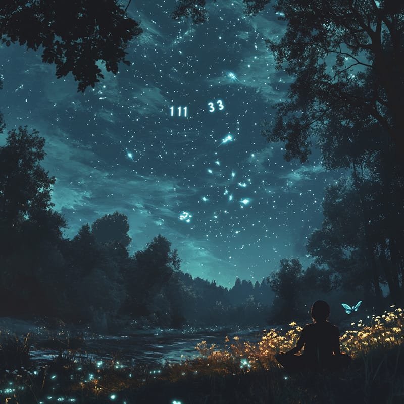 In the tranquil scene, a silhouette sits by a river under a starry night sky, where signs from the universe appear as numbers "111" and "33" among the stars. Trees and a glowing butterfly complete this serene tableau.