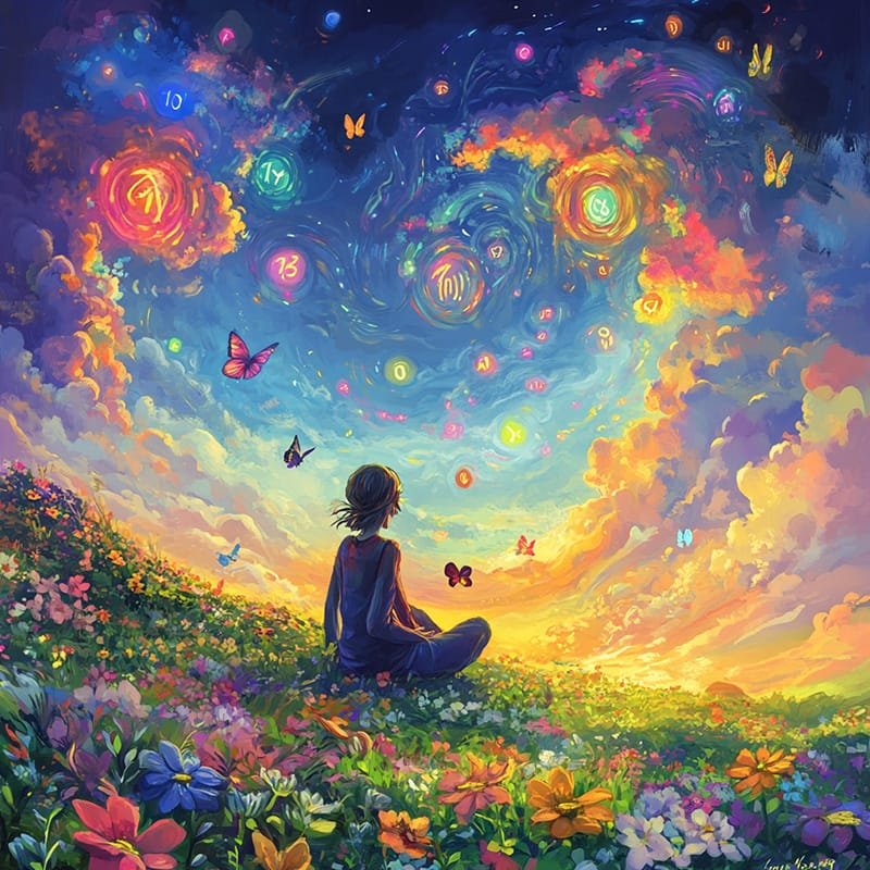 A person sits in a colorful field of flowers, gazing at a vibrant sky filled with swirling numbers and butterflies at sunset—interpreting them as signs from the universe.