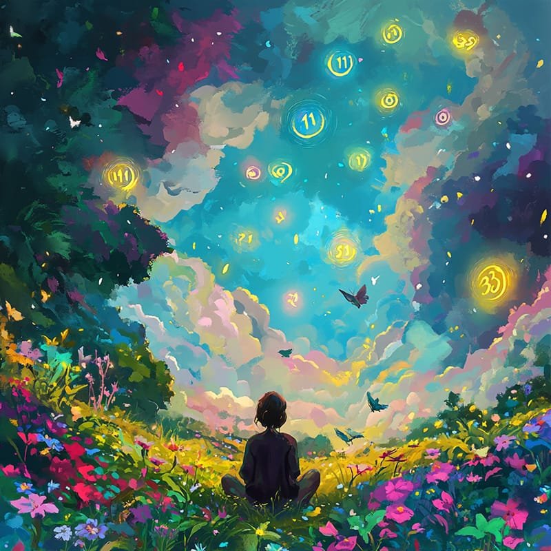 In a colorful meadow under a vibrant sky, glowing, numbered orbs float above as signs from the universe. Birds gracefully fly around, adding to the enchanting atmosphere.