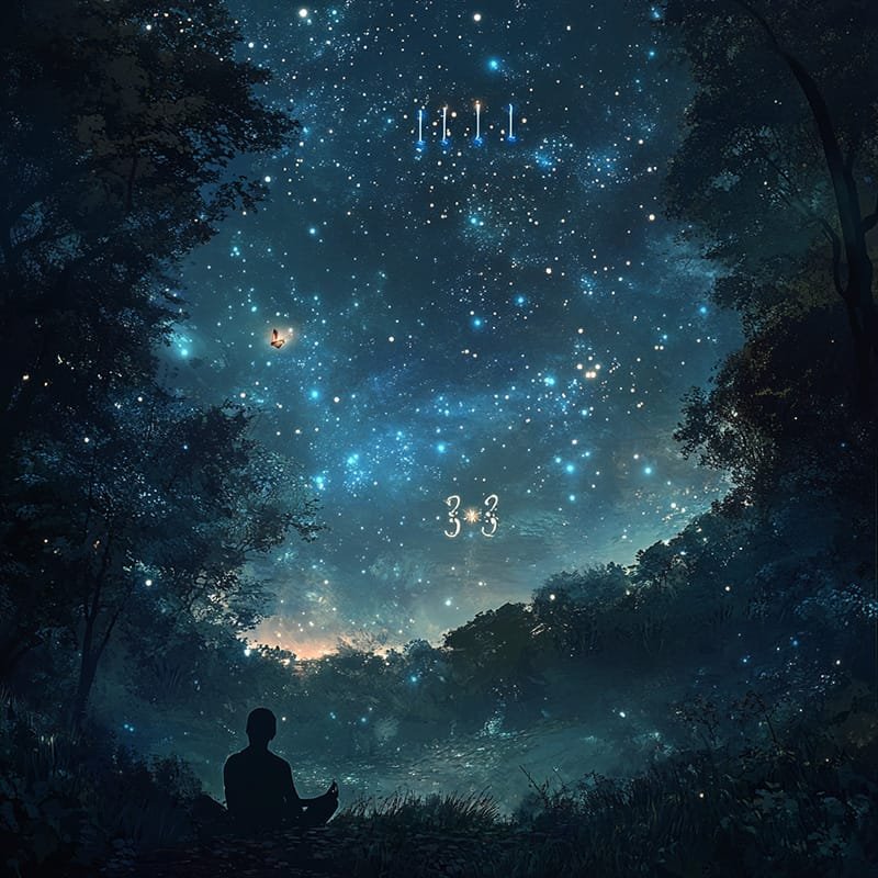 A person sits on the forest floor, contemplating subtle signs from the universe under a starry night sky filled with constellations and glowing numbers 11:11 and 3:3.