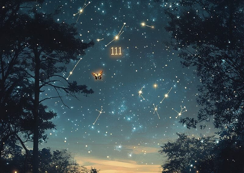 A starry night sky with constellations and the number "111" glowing above a silhouette of trees offers signs from the universe. A butterfly is illuminated among the stars.