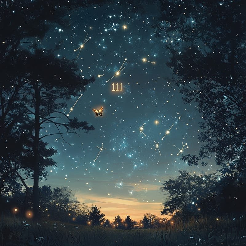 A starry night sky with constellations and the number "111" glowing above a silhouette of trees offers signs from the universe. A butterfly is illuminated among the stars.