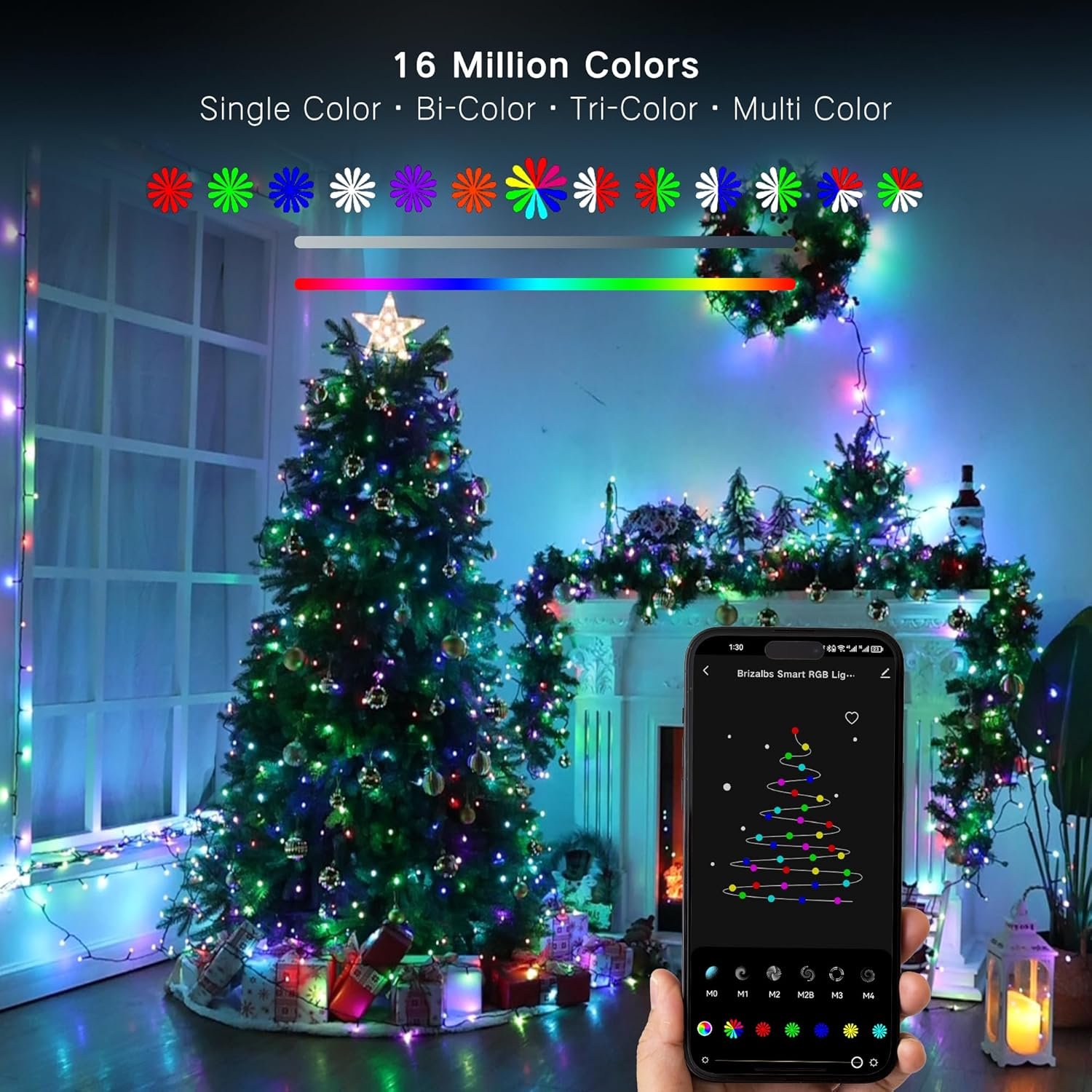 Using the "Transform Your Space with Brizled: The Ultimate Smart Lighting Experience!" product, a smartphone can control Christmas lights on two decorated trees in the living room, offering multiple color options.