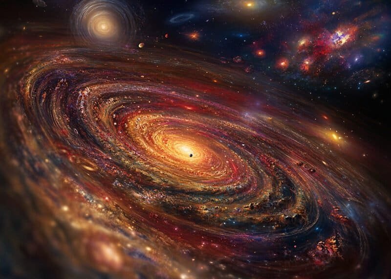 Artistic depiction of a swirling galaxy, with bright stars, cosmic clouds, and concentric rings spiraling toward a glowing central point.