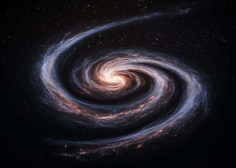 A spiral galaxy with swirling arms of stars, dust, and gas set against a dark space background filled with scattered stars.