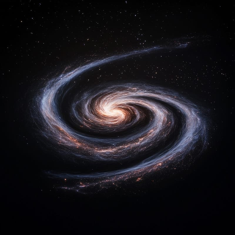 A spiral galaxy with swirling arms of stars, dust, and gas set against a dark space background filled with scattered stars.