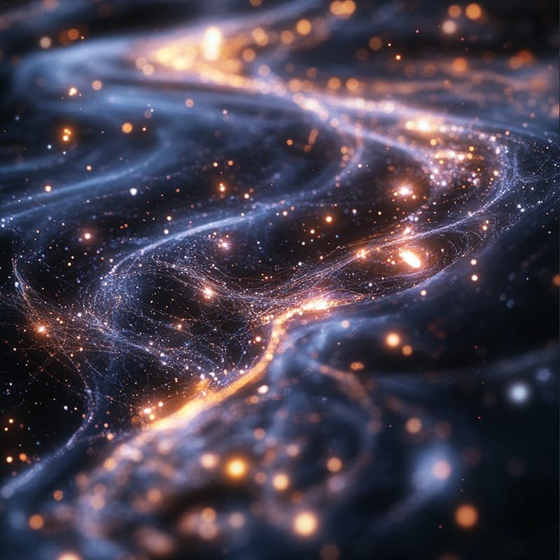 Abstract image of glowing orange and white particles resembling a starry night sky with swirling dark and light patterns.