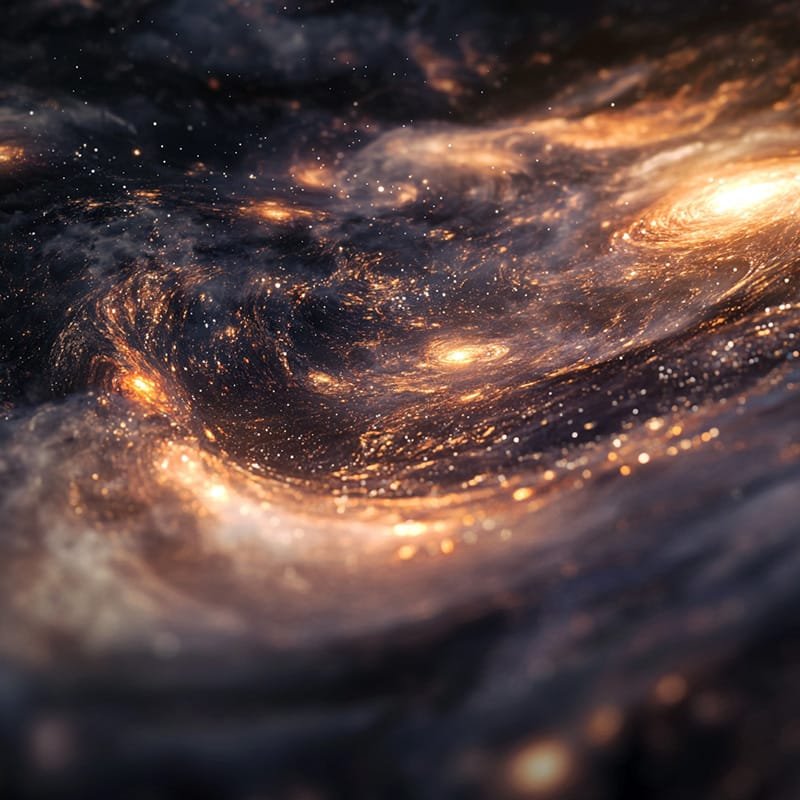 A swirling galaxy with bright stars and glowing nebulae against a dark cosmic background.