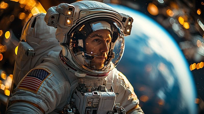 Amid glowing lights, an astronaut in a space suit floats gracefully in the vastness of space, Earth serving as a majestic backdrop, capturing the essence of space exploration.