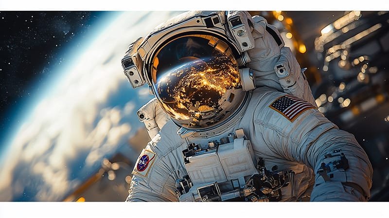 An astronaut in a spacesuit floats in the vast expanse of space, representing the spirit of space exploration, with Earth shimmering below and city lights twinkling. The American flag proudly adorns the suit's arm.