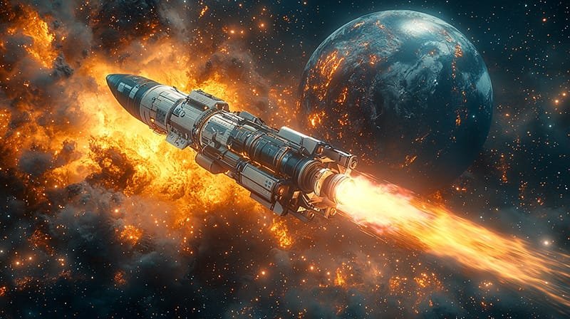 A futuristic spaceship, emblematic of space exploration, blasts through the cosmos with vibrant thrusters, leaving fiery trails against the backdrop of a distant planet and cosmic clouds.