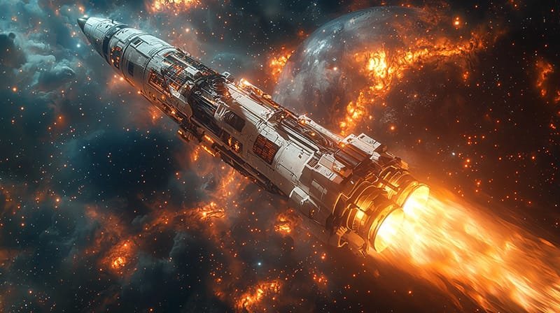 A detailed spaceship embarks on a space exploration journey, traveling through the cosmos with a fiery propulsion trail against a backdrop of stars and cosmic clouds.