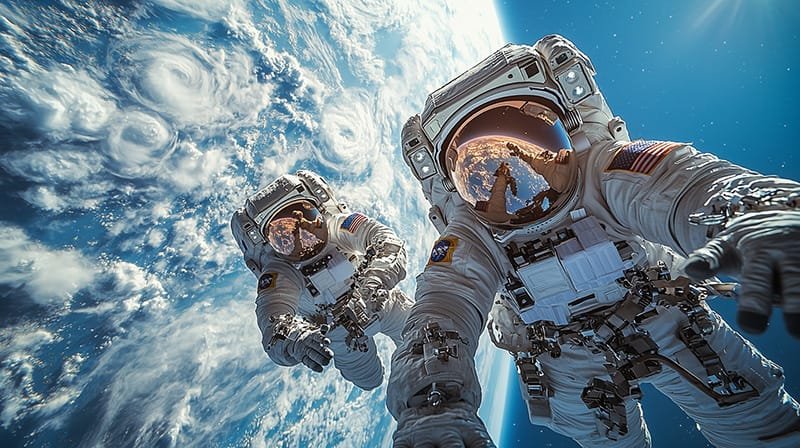 Two astronauts in space suits float above Earth, embodying the spirit of space exploration against a breathtaking backdrop of swirling clouds and deep blue ocean.