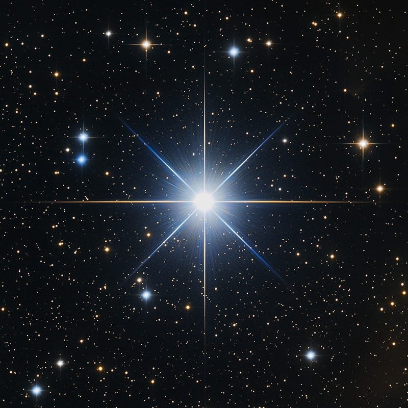 A bright star shines prominently with a cross-shaped sparkle, surrounded by numerous smaller stars in a dark night sky.