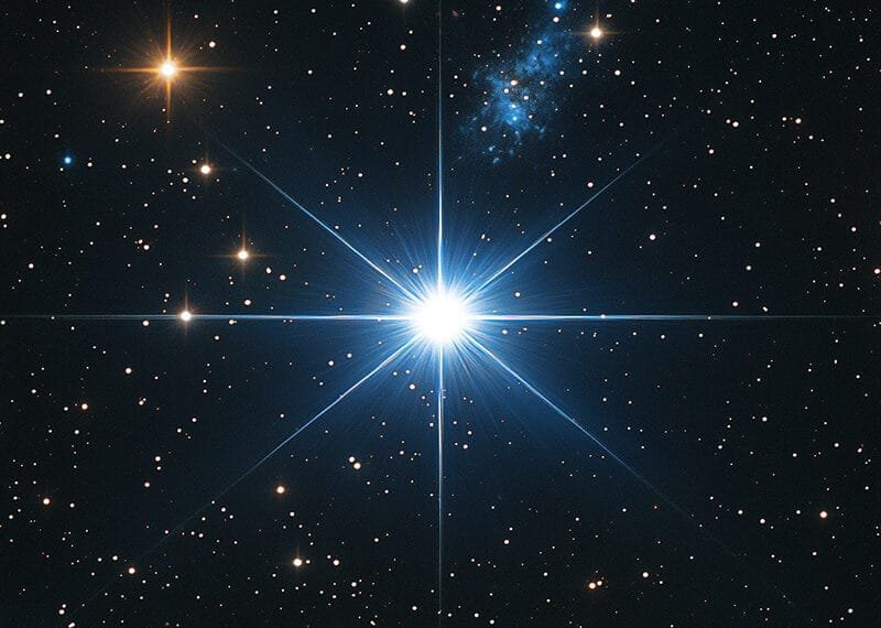 Bright star with diffraction spikes centered in a star-filled sky. Various smaller stars and a nebula are visible in the background.