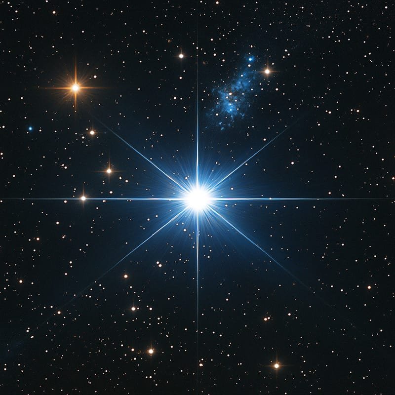 Bright star with diffraction spikes centered in a star-filled sky. Various smaller stars and a nebula are visible in the background.