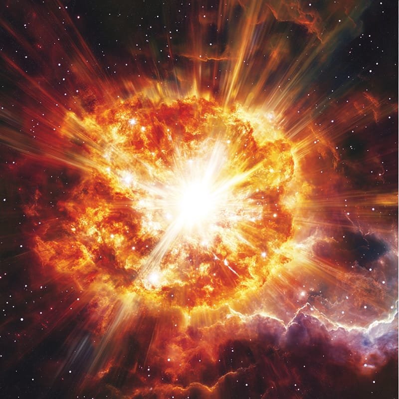 A vivid illustration of a supernova explosion, showing bright light and colorful gas clouds in space.