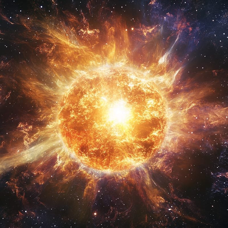 A bright orange and yellow star emits glowing flares, surrounded by dark space scattered with stars.