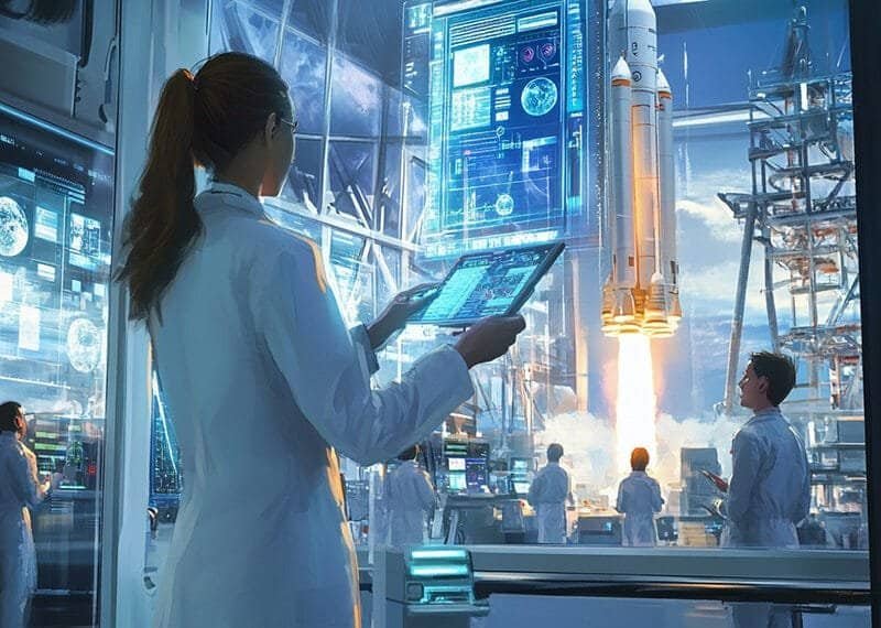 A scientist in a lab coat holds a tablet, observing a rocket launch through a large window. Multiple screens display data, and other scientists are also watching the launch.