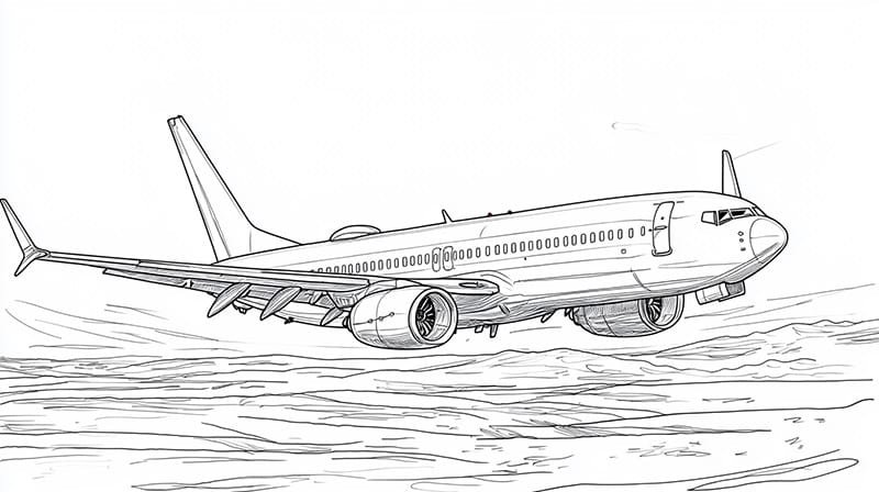 Line drawing of a commercial airplane flying over clouds, viewed from below and to the side.