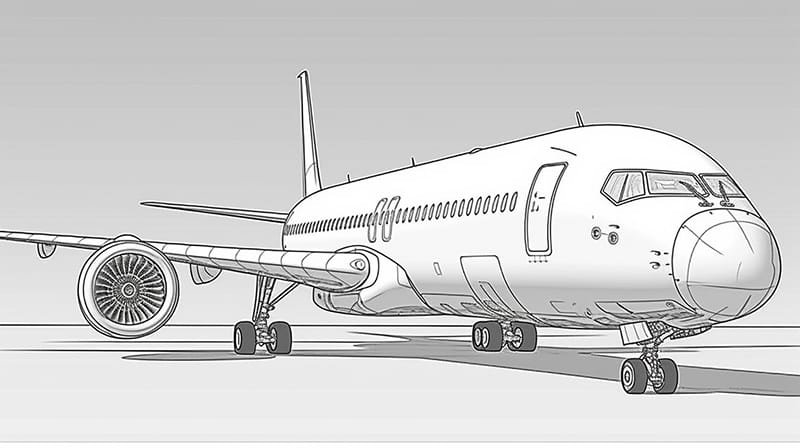 Free Airplane Coloring Page Download 3 Illustration of a large, modern commercial airplane on the ground, viewed from the front-left side, with detailed outlines of engines, wings, and landing gear.