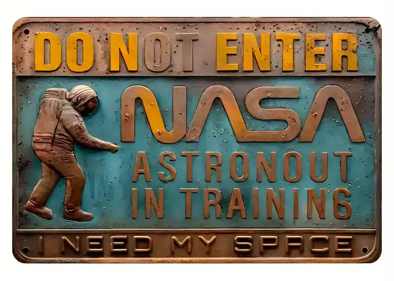 The 3D Embossed Metal Sign with "Do Not Enter NASA Astronaut In Training I Need My Space" is perfect for space theme decor enthusiasts and aspiring astronauts.