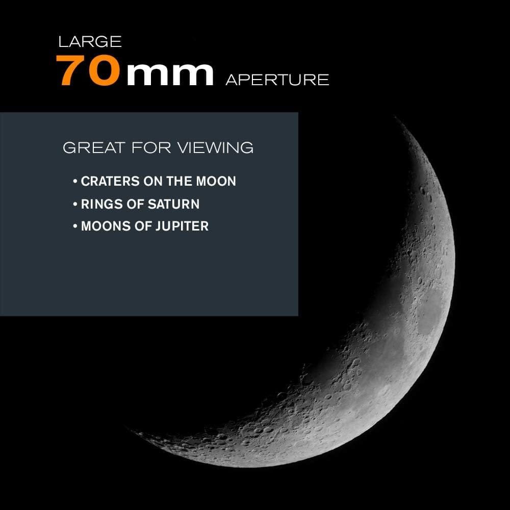 A crescent moon image with text highlighting features of a 70mm telescope aperture: craters on the Moon, rings of Saturn, and moons of Jupiter.