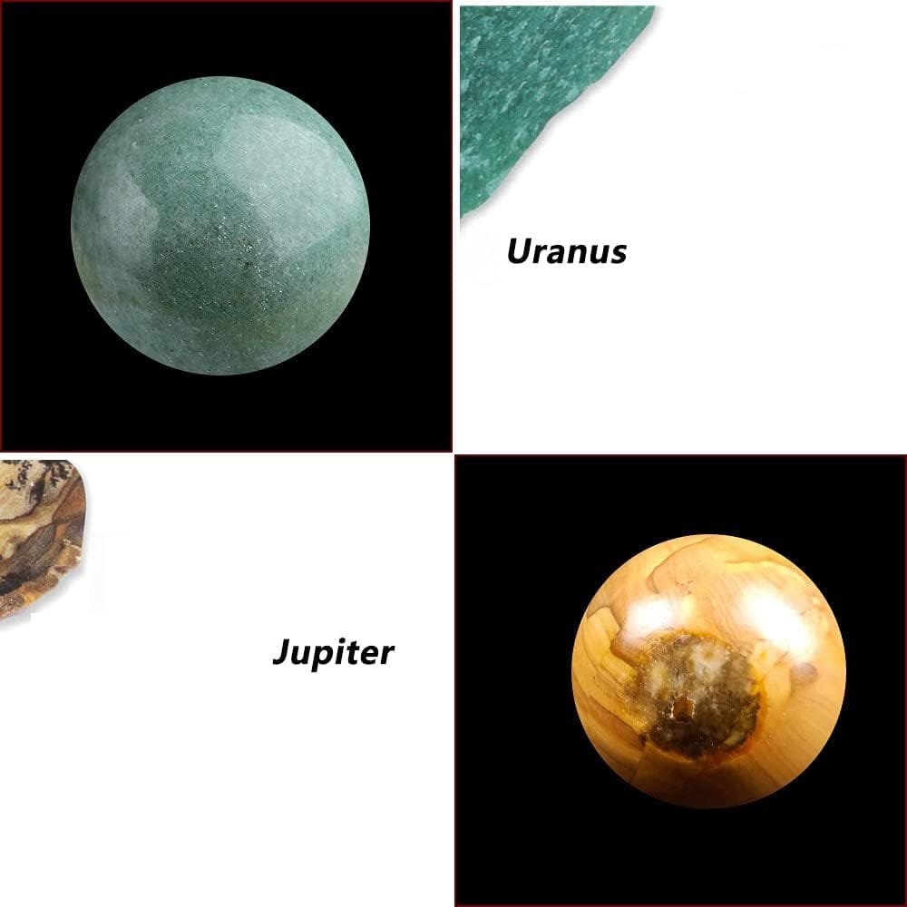 Two spherical gemstones labeled "Uranus" and "Jupiter" are shown against a black background.