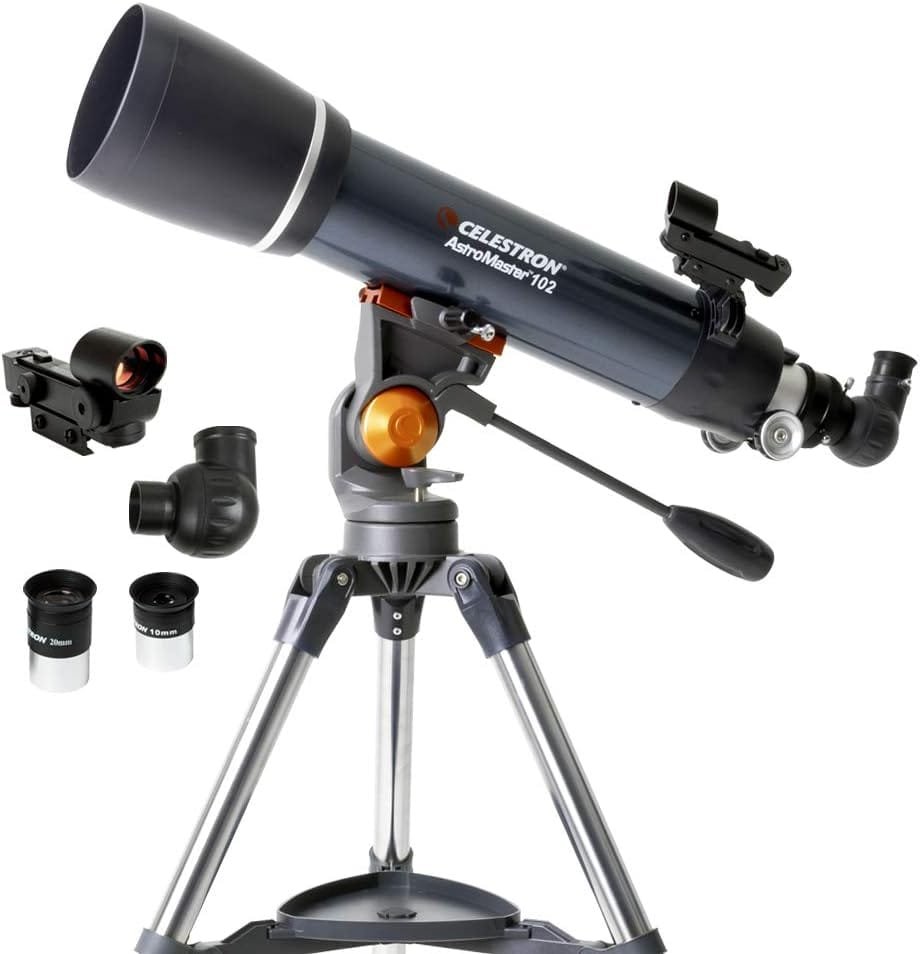 A Celestron AstroMaster 102 telescope with a tripod, two eyepieces, and a finderscope set against a plain white background.