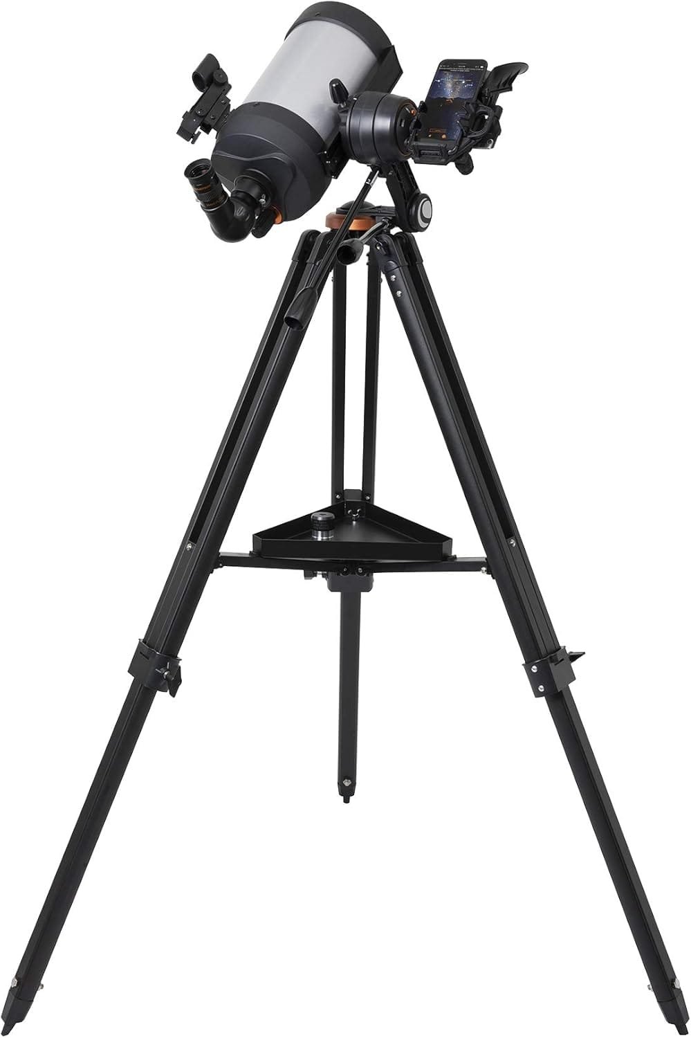 A telescope with a tripod stand, featuring a smartphone holder and multiple adjustment knobs.