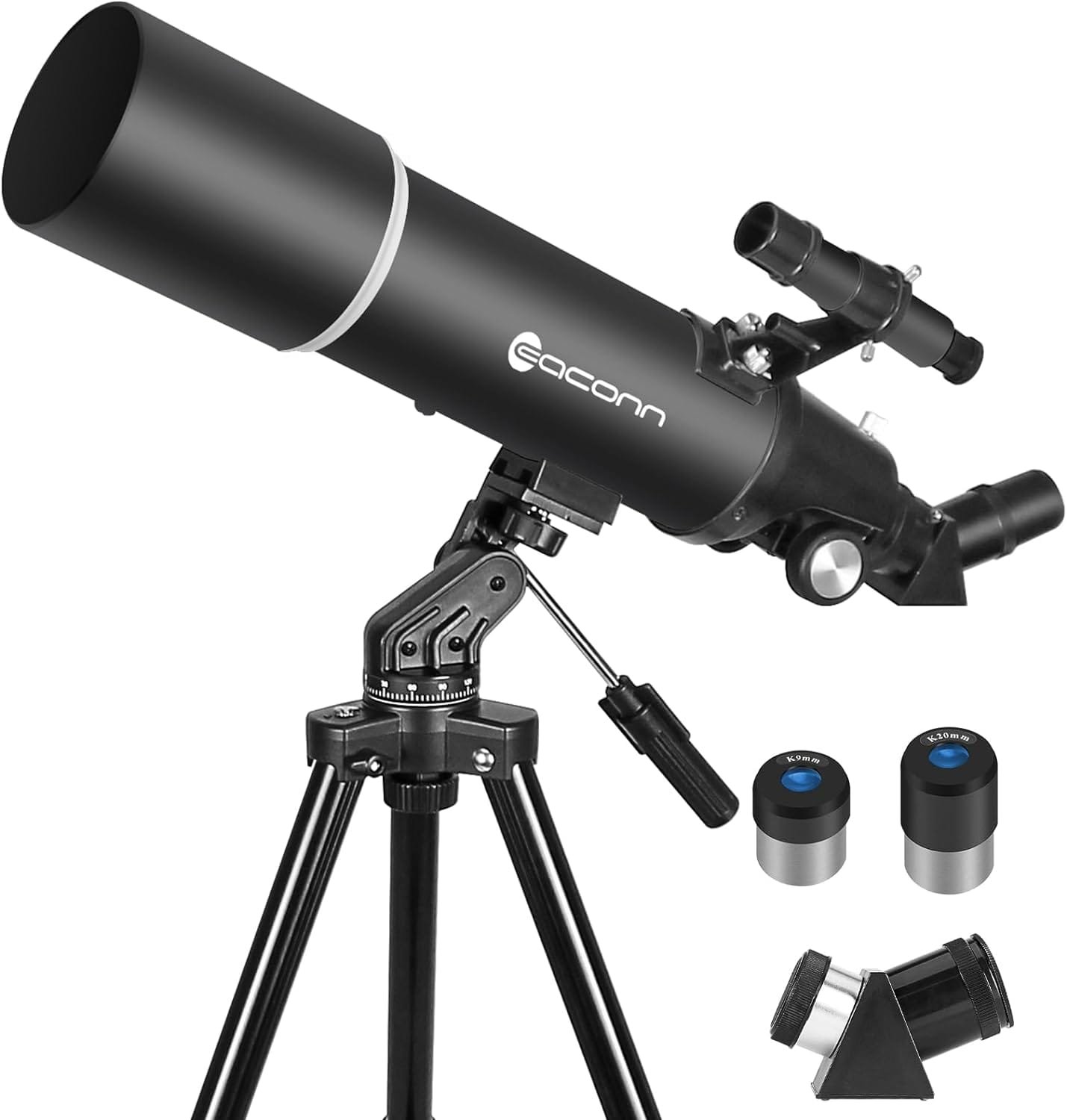 A black telescope on a tripod with two eyepieces and a diagonal mirror laid beside it.